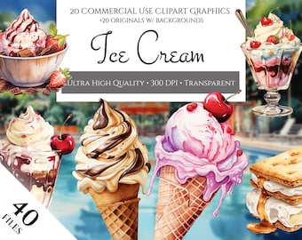 Watercolor Ice Cream Clipart: Summer Food Graphics (Commercial Use)