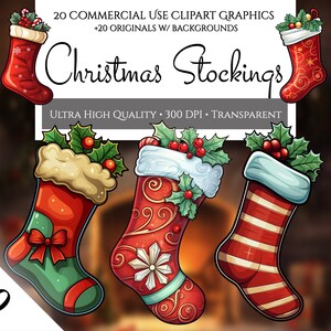 May include: A set of four Christmas stockings with different designs. The stockings are red, green and white with a variety of patterns. The stockings are decorated with holly and berries.