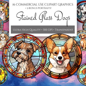 Puede incluir: Un conjunto de 16 ilustraciones de perros de vidrio coloreado en varias razas, incluyendo un corgi, un terrier y un dálmata. Las ilustraciones están sobre un fondo de nubes y están rodeadas por un borde de vidrio coloreado.