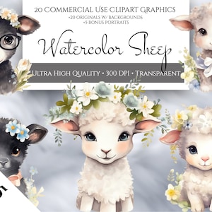 Pacchetto PNG di clipart di pecore ad acquerello, clipart di vivaio e fattoria floreale stampabile, adorabili agnellini PNG per uso commerciale