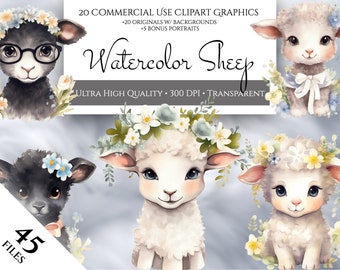 Watercolor Sheep Clipart PNG Bundle, Printable Floral Nursery And Farm Clipart, Adorable Baby Lambs PNG For Commercial Use