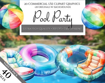 Watercolor Pool Party Variety Pack, 20 High Quality PNG Clipart Designs For Commercial Use, Inner Tubes, Beach Balls, Summer Clipart