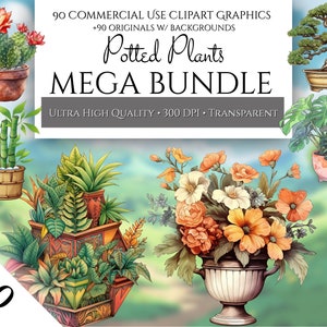 Mega Bundle de imágenes prediseñadas de plantas de interior, 90 imágenes prediseñadas PNG de uso comercial de bambú, árboles bonsái, cactus, monsteras, plantas de la jungla, flores