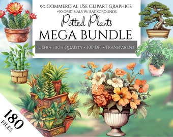 Mega Bundle de imágenes prediseñadas de plantas de interior, 90 imágenes prediseñadas PNG de uso comercial de bambú, árboles bonsái, cactus, monsteras, plantas de la jungla, flores
