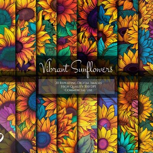 Puede incluir: Un paquete de papel digital con 20 patrones vibrantes de girasoles. Los patrones presentan girasoles en varios colores, incluyendo amarillo, naranja, rojo, azul y verde. El texto "Vibrant Sunflowers" se muestra en el centro de la imagen.