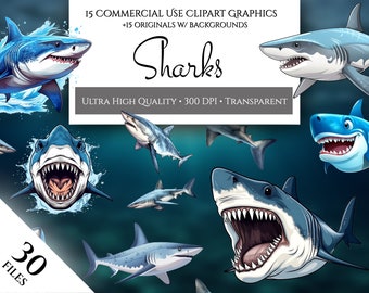 Sharks Clipart Pack, Clipart for Commercial Use, Transparent PNGs, Marine Life Clipart, Sea Life, Ocean Life, Sharks, Wall Art, Illustration