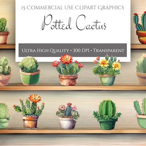 Paquete de imágenes prediseñadas de cactus, hermosos gráficos digitales PNG de cactus del desierto, descarga instantánea para uso comercial, cactus de acuarela, amantes de las plantas