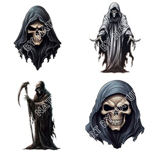 May include: Four different illustrations of the Grim Reaper, a skeletal figure in a hooded robe. Each illustration depicts the Reaper in a different pose and with different details, such as a scythe, outstretched hands, and a skull face.
