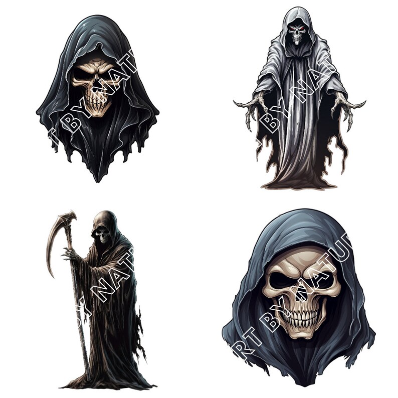 May include: Four different illustrations of the Grim Reaper, a skeletal figure in a hooded robe. Each illustration depicts the Reaper in a different pose and with different details, such as a scythe, outstretched hands, and a skull face.