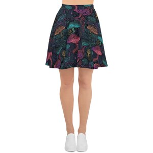 Dark and Colorful Psychedelic Mushroom Pattern Skater Skirt, Above the Knee Flared, All-over Print