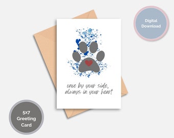 Puede incluir: Una descarga digital de una tarjeta de condolencias con una huella de pata gris con un corazón rojo en el centro. La huella de pata está rodeada de salpicaduras de acuarela azul. El texto dice "once by your side, always in your heart".