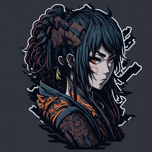Puede incluir: Una ilustración digital de una mujer con el pelo largo y negro recogido en un moño. Lleva un atuendo azul oscuro y naranja con intrincados patrones. El fondo es gris oscuro con formas geométricas.