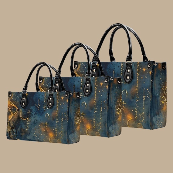 Luxury Top Grain Leather Blue & Gold Abstract Handbag with Adjustable Strap Elegant Artistic Statement