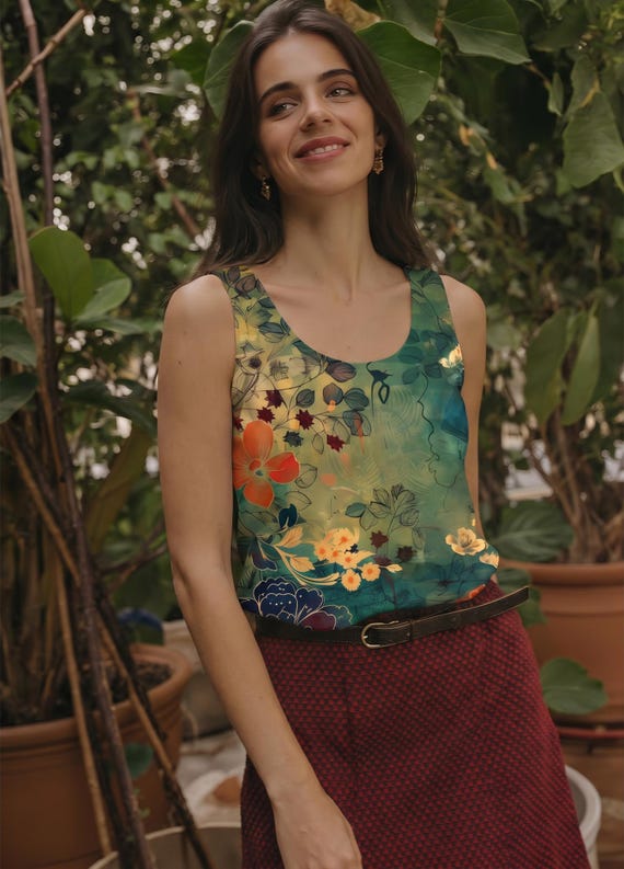 Floral Tank Top Women Artistic Sleeveless Blouse Botanical Print Top