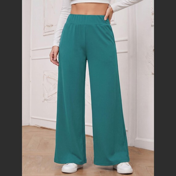 Botanical Teal Knit Wide Leg Pants: High Waist, Soft, Relaxed Everyday Comfort