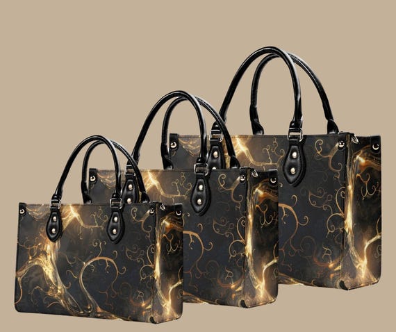 Genuine Leather Black Gold Handbag Luxury Abstract Tote Purse Structured Leather Satchel with Adjustable Strap Elegant Statement Bag