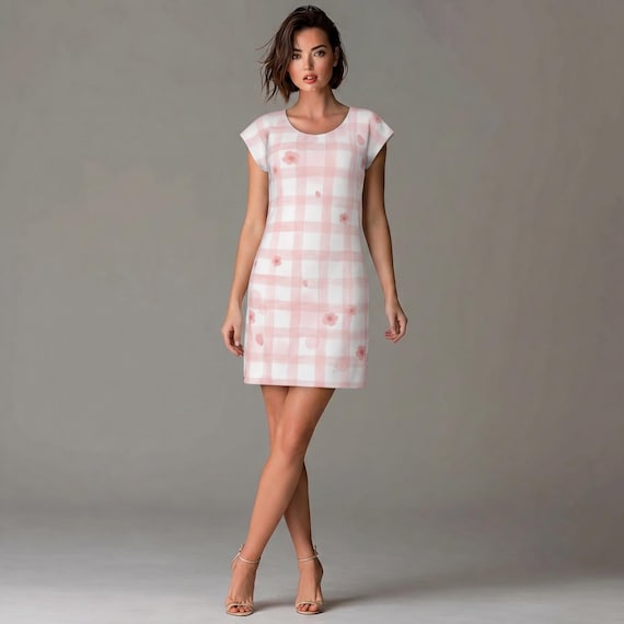 Blush Pink Plaid Tee Shirt Dress | Soft Feminine Spring Shift Dress