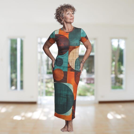 Retro Geometric Print Maxi Dress In Bold Teal Orange And Black – Artistic Wear