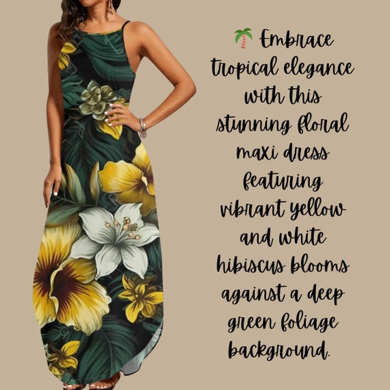 Tropical Hibiscus Maxi  Yellow & White Floral Summer Style  Elegant Spaghetti Strap Vacation Outfit |Island