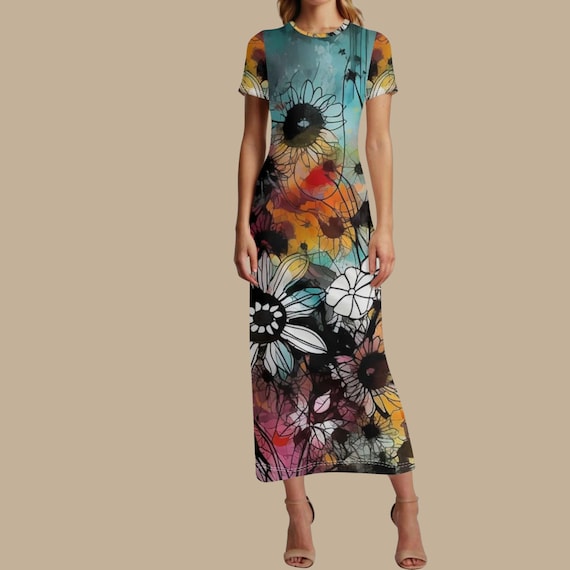 Boho Maxi Dress Abstract Sunflower Print In Bold Multicolor Palette Summer Vacation