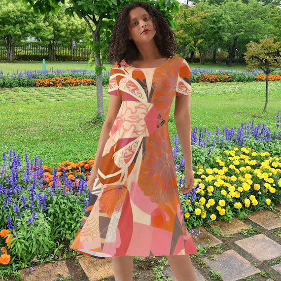 Coral Floral Dress Pink Orange Botanical Gift Artistic Floral Scoop Neck Midi