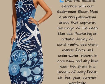 Vestido longo azul marinho com estampa de coral e estrela-do-mar, perfeito para o verão e para a praia.