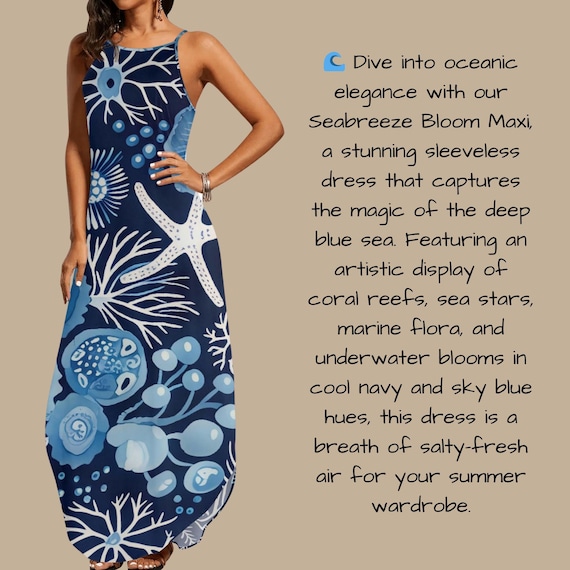 Navy Blue Ocean Coral Print Maxi Dress  Starfish Sea Life Summer Sundress Coastal Beachwear