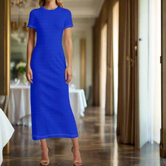 Bold Royal Blue Short Sleeve T Shirt Maxi Dress Minimalist Solid Color