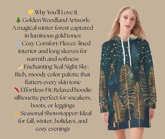 Midnight Forest Hoodie Teal & Gold Woodland Style Cozy Artistic Sweatshirt Dress Winter Fantasy Streetwear