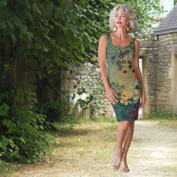 Sleeveless Floral Sheath Dress Green Botanical Midi Elegant Summer Wearable Art Fashion