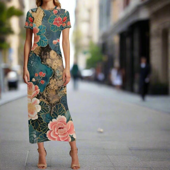 Asian-Inspired Floral Print Dress Botanical Elegance T-Shirt Maxi