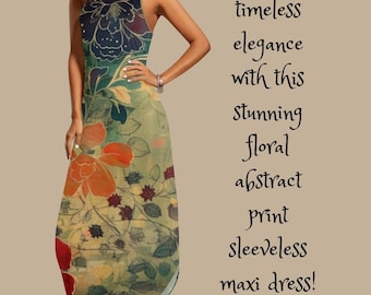 Vestido longo floral personalizado com estampa abstrata de inspiração vintage, sem mangas, estilo boho. Roupa feminina.