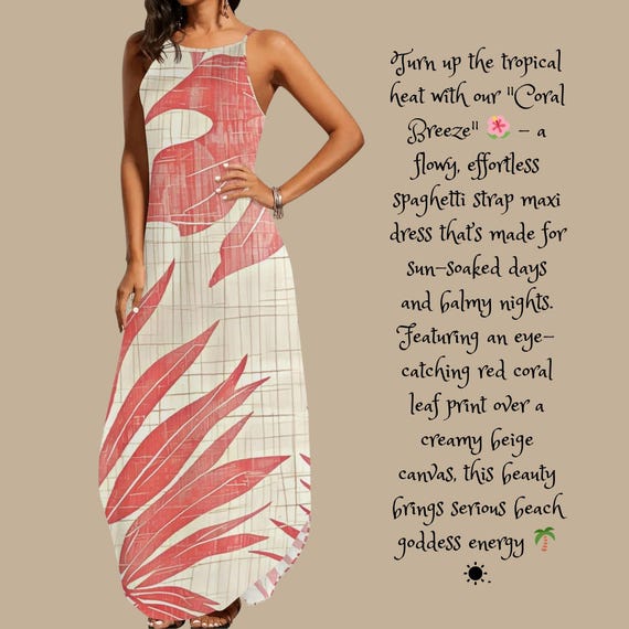 Coral Red Tropical Leaf Maxi Dress Women’s Summer Spaghetti Strap Sundress Flowy