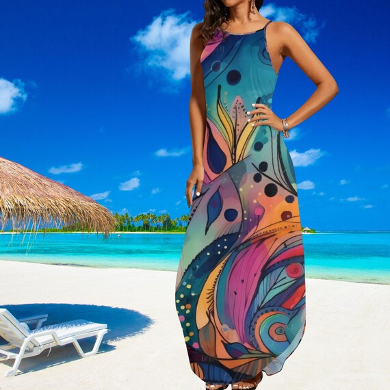 Colorful Abstract Maxi Dress Tropical Art Spaghetti Strap