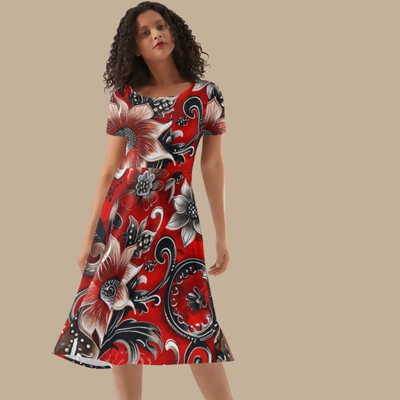 Red and Black Floral Midi Dress Short Sleeve Bold Statement Outfit