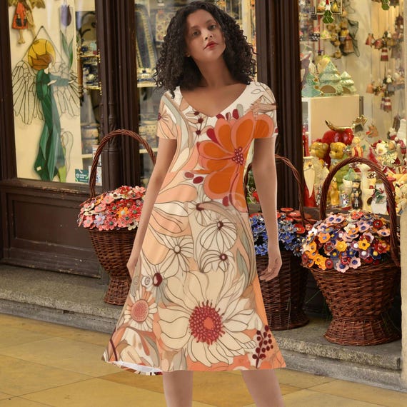 Vintage Floral V Neck Dress Retro Botanical Short Sleeve Outfit Gift for Her