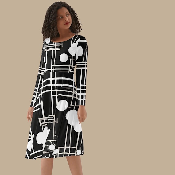 Black and White Geometric Midi Dress for Women Modern Abstract Art