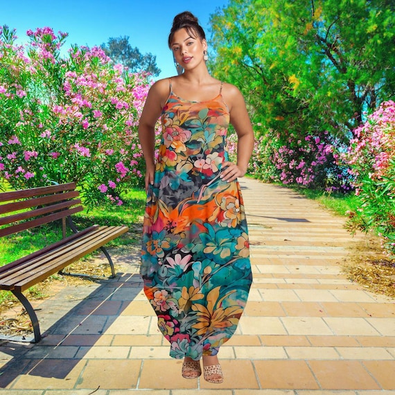 Boho Maxi Dress With Multicolor Floral Garden Print Teal Orange And Yellow Tones