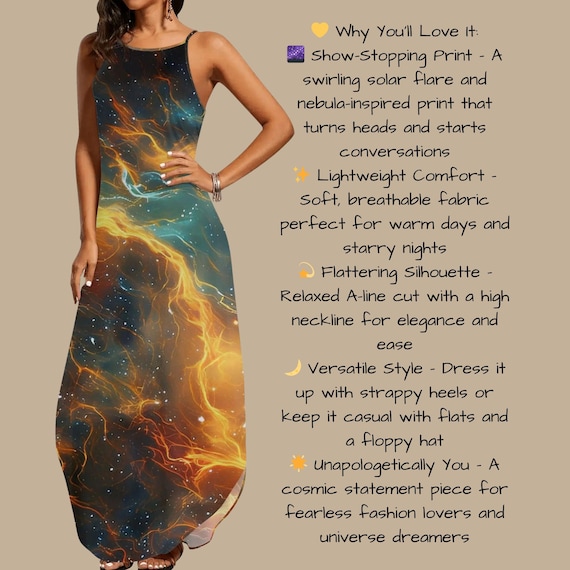 Solar Flare Maxi Dress Celestial Galaxy Print Sleeveless Sundress Cosmic Firestorm