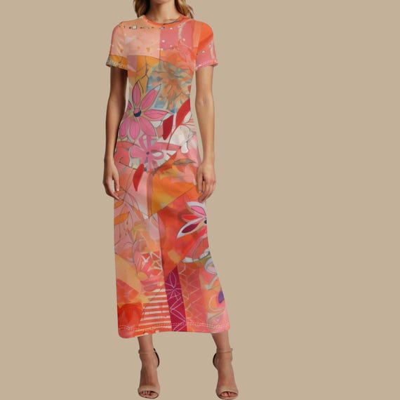 Coral Pink Floral Maxi Dress for Women – Spring Abstract Botanical T Shirt Maxi Dress, Short Sleeve Colorful Summer Dress XS–4XL