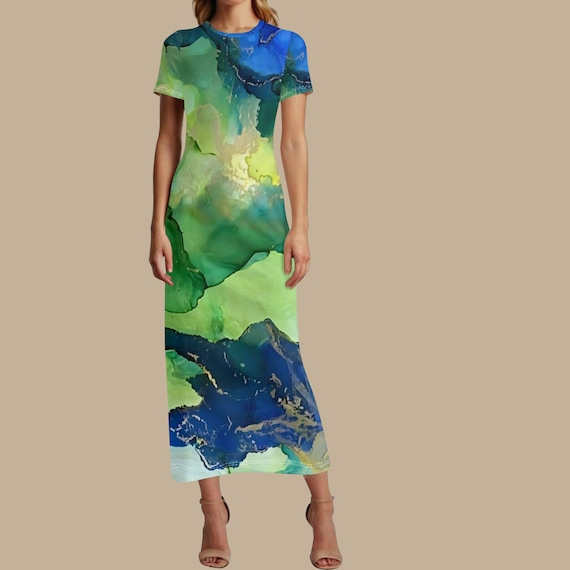Artist Series Kimber Oceanlight Maxi Dress Abstract Ocean Watercolor Artistic Blue Green Wearable Art