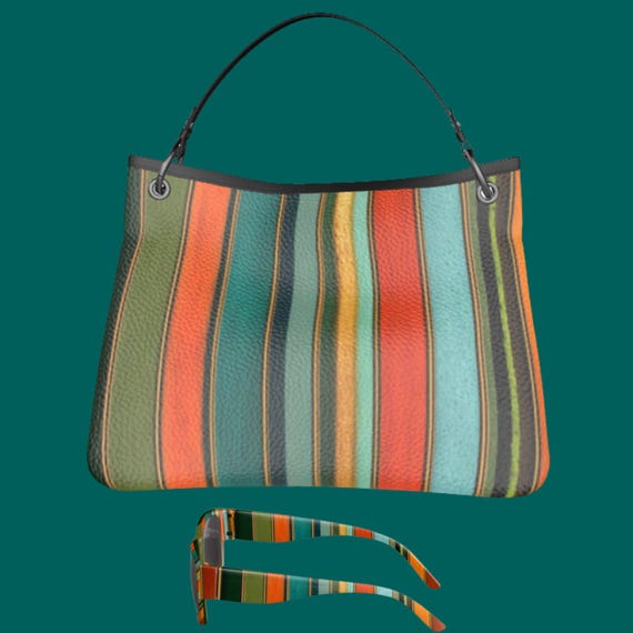 Striped Leather Slouch Bag Teal Orange Shoulder Tote Large Statement Purse