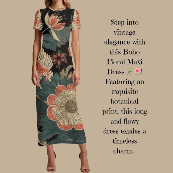 Boho Floral Maxi Dress: Vintage Botanical Print, Elegant Design