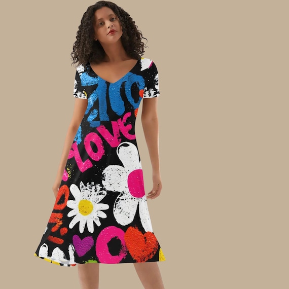 90's Retro Bold Graffiti Love V-Neck Midi Dress for Women Pop Art Floral Knee Length