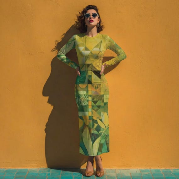 Golden Solstice Aura Maxi Dress: Sheer Long Sleeve Flowing Abstract Elegant