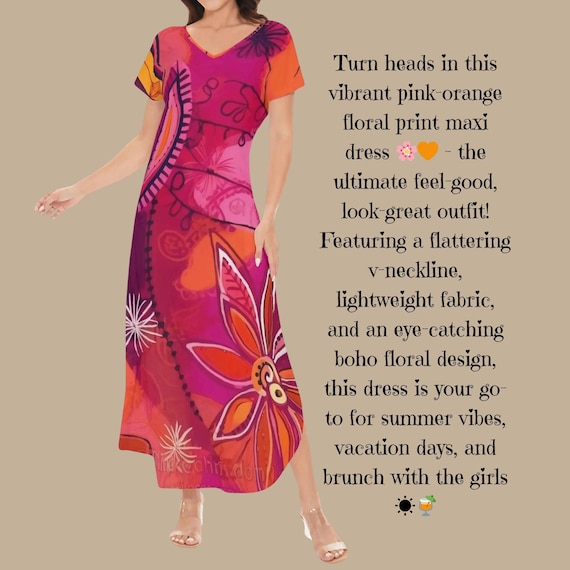 Bold floral Print Maxi Dress Vibrant Pink Orange and Purple Abstract Pattern Lightweight