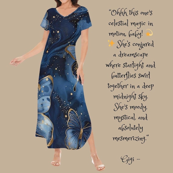 Personalized Navy Blue Butterfly Maxi Dress – Elegant Gold Accents Short Sleeve V-Neck Summer Boho