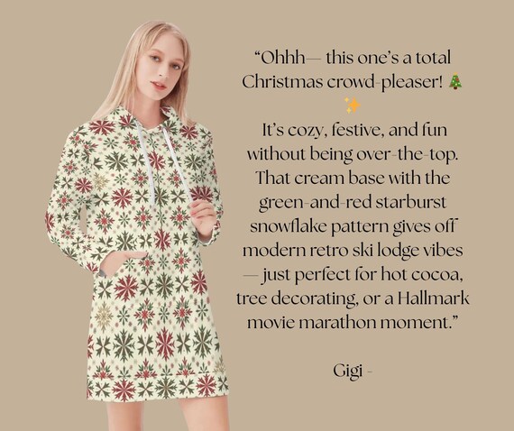Festive Snowflake Hoodie Dress – Cream Red & Green Holiday Print Cozy Sweatshirt Dress