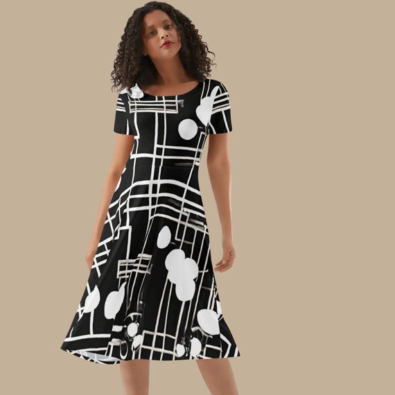 Black and White Geometric Short Sleeve Midi Dress for Women Modern Abstract Art