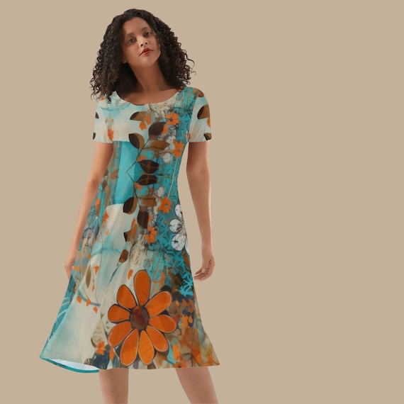 Teal Orange Floral Midi Dress for Women Artistic Botanical Short Sleeve Knee Length Dress